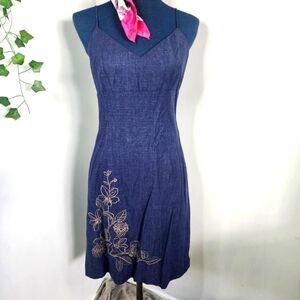 Vintage Depeche Mode Blue Linen Blend Slip Dress Embroidered Flowers